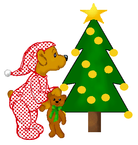 teddy bear in pajamas with a Christmas tree